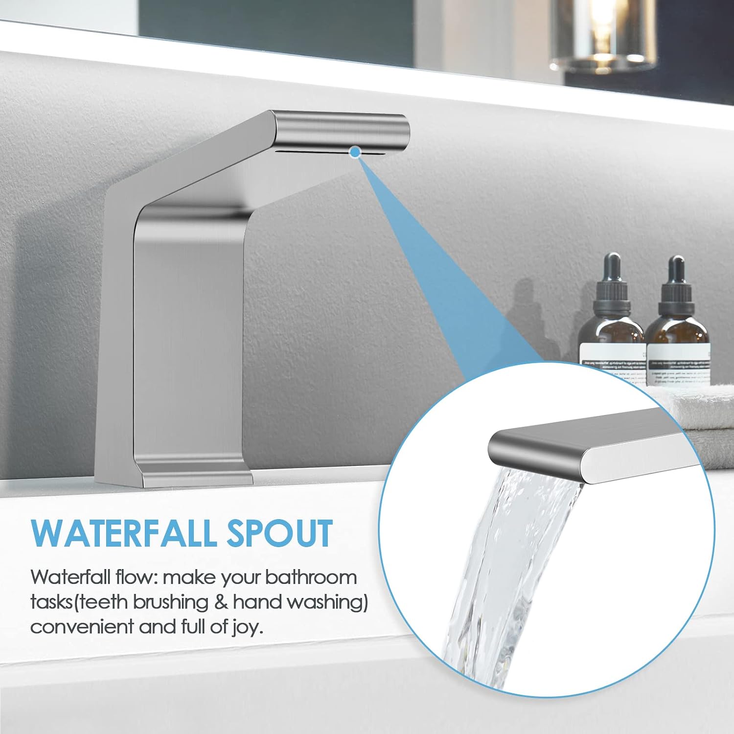 Bathtub Faucet Set with 3 Handle, Deck Mount 5 Hole Roman Waterfall Spout Bath Tub Faucet with Valve, Brushed Nickel
