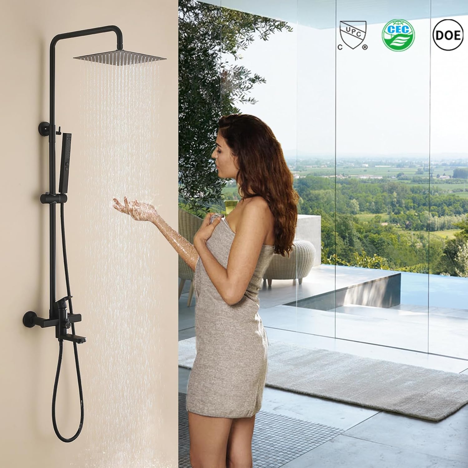 Exposed Shower System 10' Matte Black Rainfall Shower Head with 2 Modes Handheld and Tub Faucet Set, Square Shower Head 3 Functions Outdoor Shower Fixtures with Brass Valve, Height Adjustable