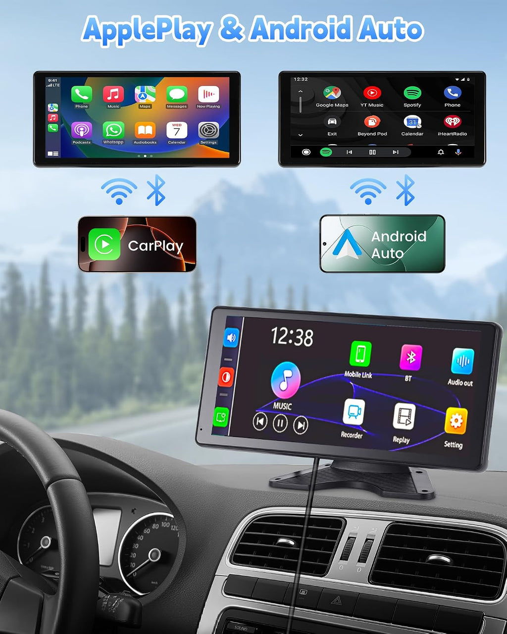 RV Camera System with CarPlay Android Auto 10.36 Inch Touch Monitor | 4 1080P wired IP69 backup cameras, BSD blind spot alert, 24H parking monitor, DVR recording, for semi truck trailer RV camper