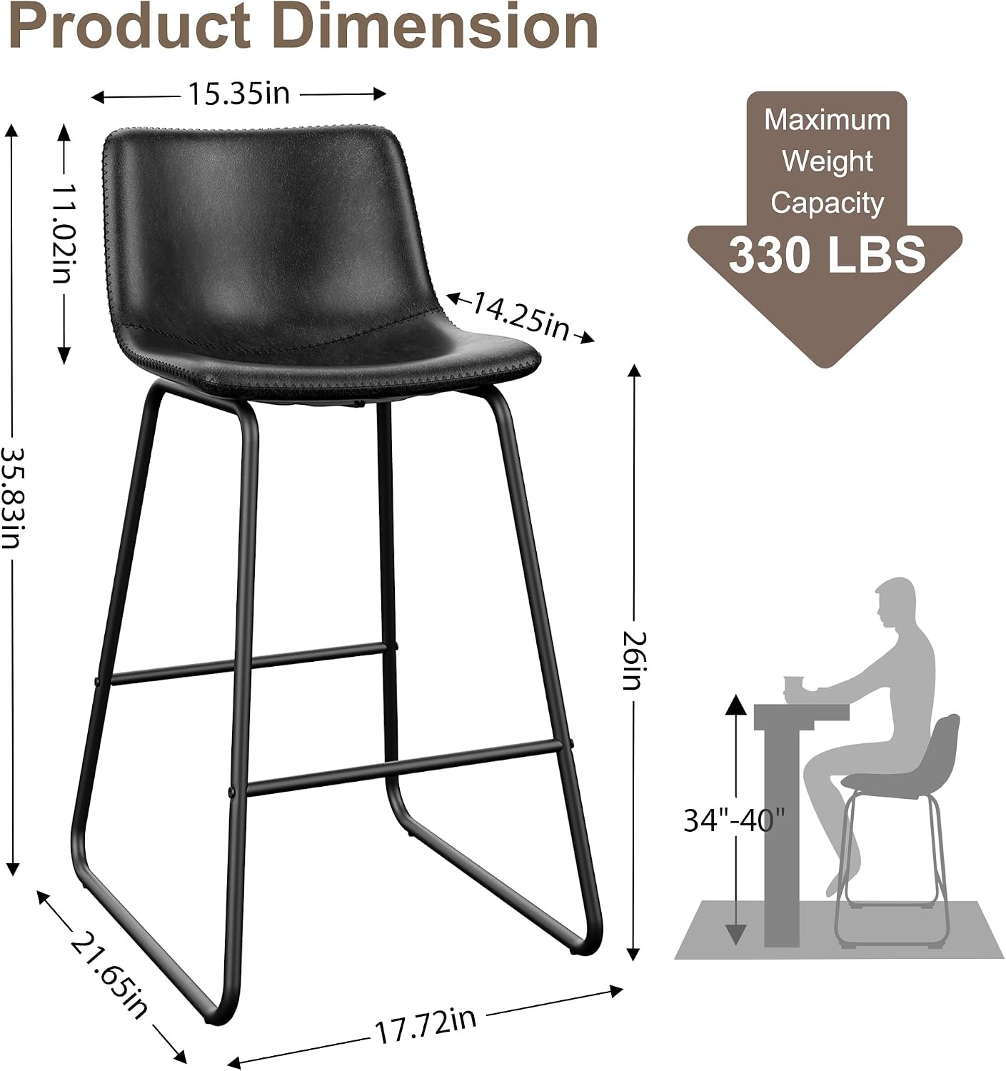 REONEY Bar Stools Set of 4, Faux Leather Counter Height Stools, 26' Modern Barstools with Metal Legs and Footrest, Urban Armless Counter Chairs with Back for Kitchen Island (Black)
