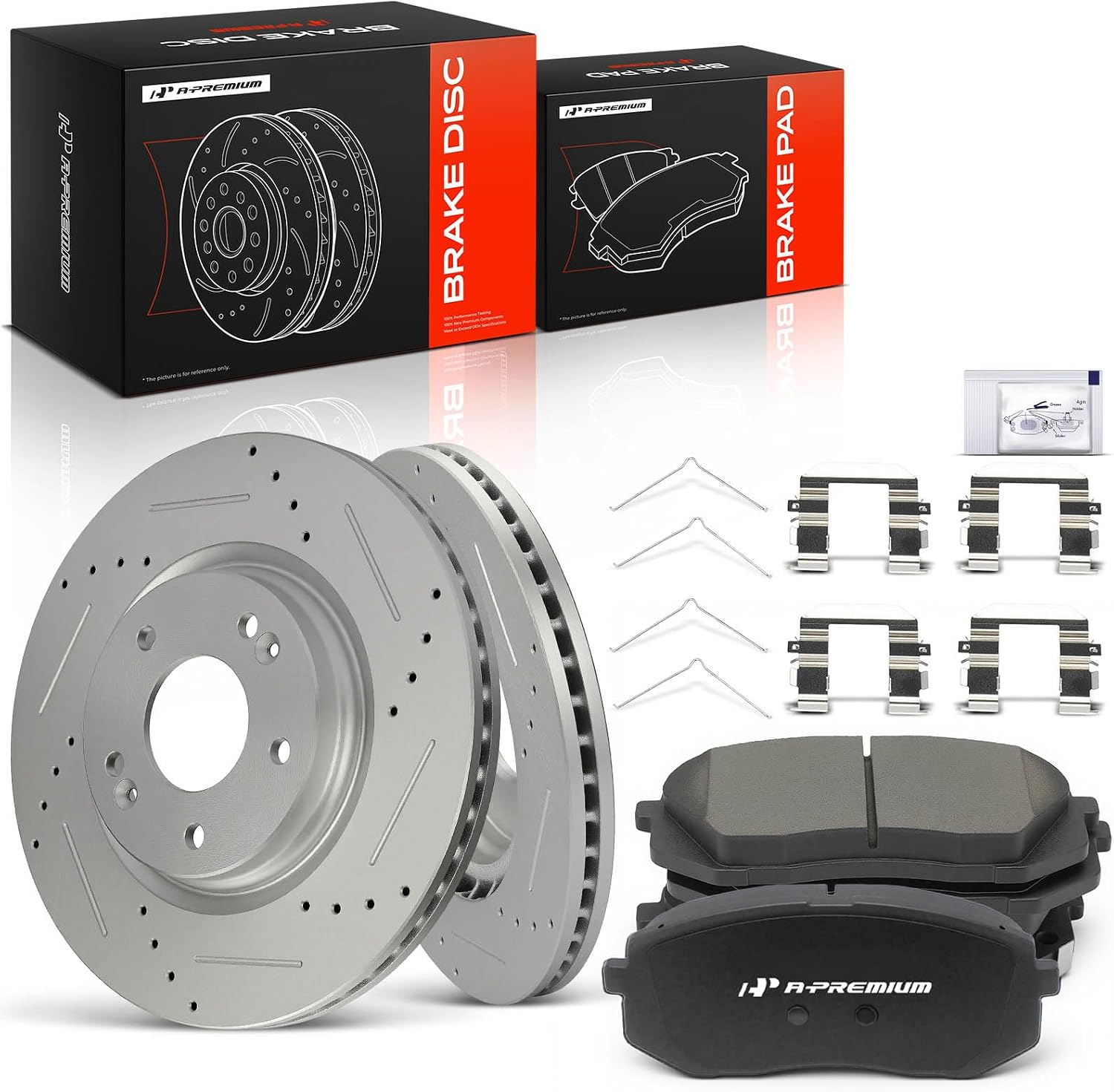A-Premium 12.00 inch (305mm) Front Drilled and Slotted Disc Brake Rotors + Ceramic Pads Kit Compatible with Select Hyundai and Kia Models - Sonata 2015-2019, Kona Electric, Optima, Niro EV, 6-PC Set
