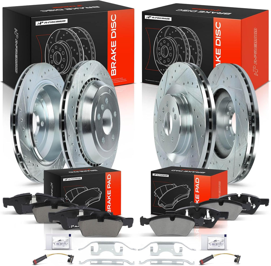 A-Premium Front and Rear Drilled and Slotted Disc Brake Rotors + Ceramic Pads Kit Compatible with Select Mercedes-Benz Models - GL320, GL350, GL450, GL550, R350, ML320, ML350, ML450, ML500, 12-PC Set
