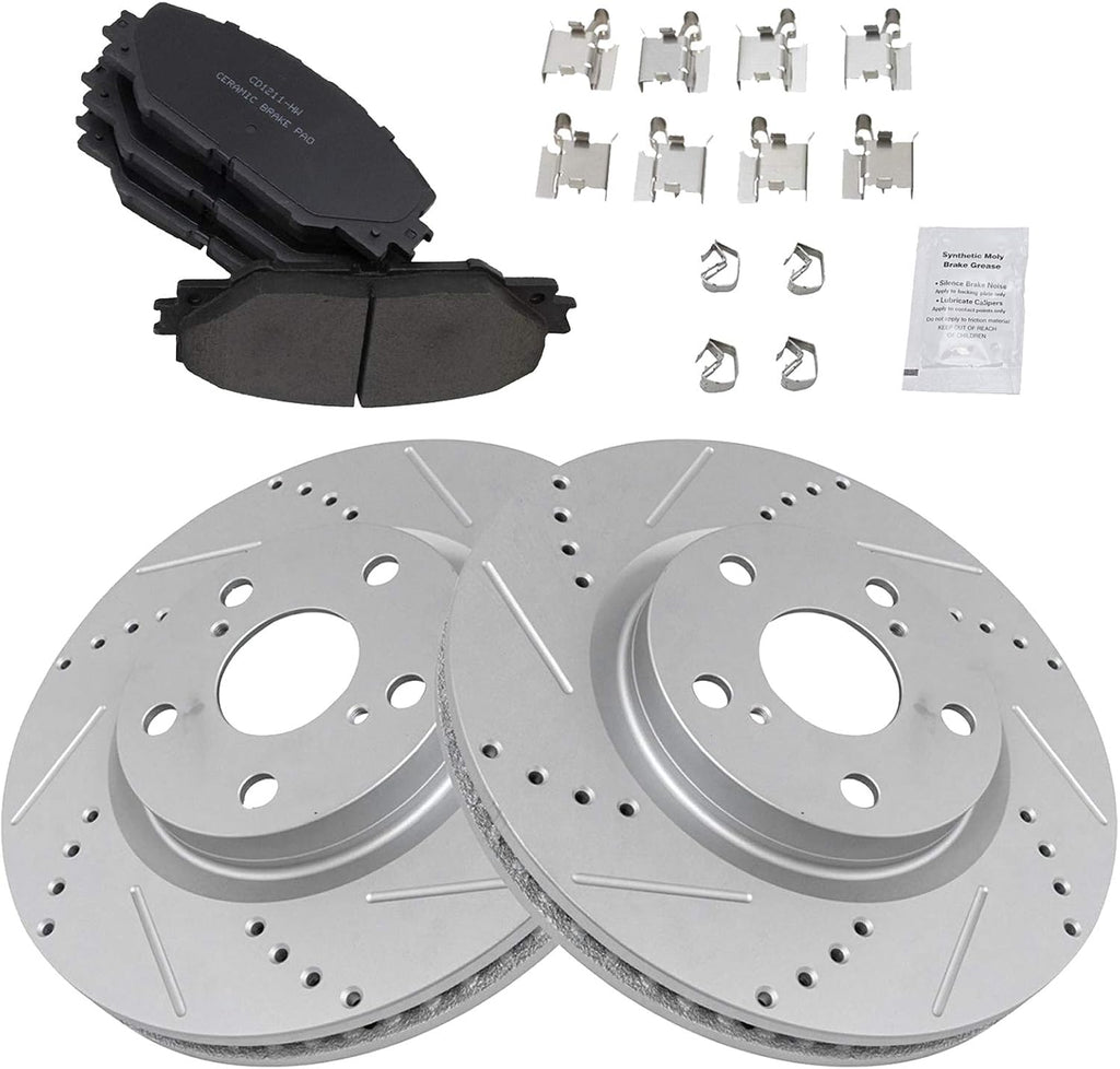TRQ Performance Front Brake Pad & Rotor Ceramic Coated Drilled Rotors Compatible with 06-19 Toyota RAV4 09-13 Matrix 16-19 Mirai 17-18 Corolla iM 11-16 Scion tC 2016 iM 09-10 Pontiac Vibe