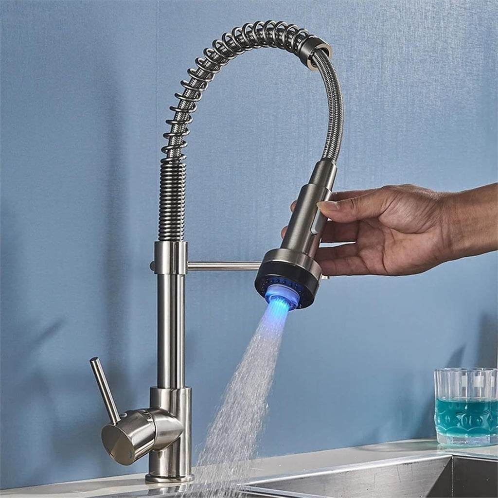 LED Kitchen Faucet Pull Down 360 Degree Rotation Hot and Cold Water Mixer Sink Deck Mounted Spring Tap(Brushed Nickel)