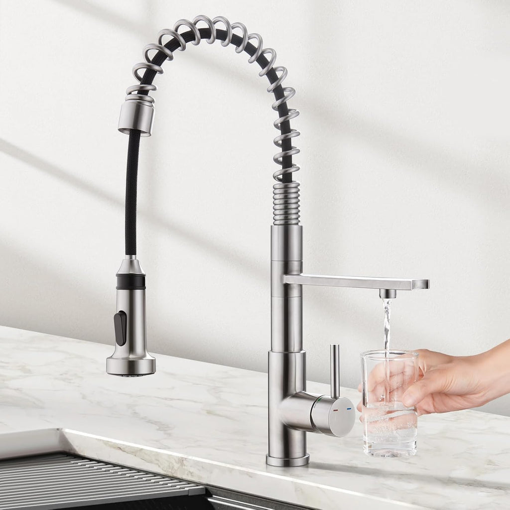 CREA 3-Way Kitchen Faucet, Brushed Chrome, Pull-Out, 20-Inch Flexible Hose, Single Lever Control, 5-Layer Stainless Steel Body, Advanced Ceramic Valve Core, 3/4-Inch Spout