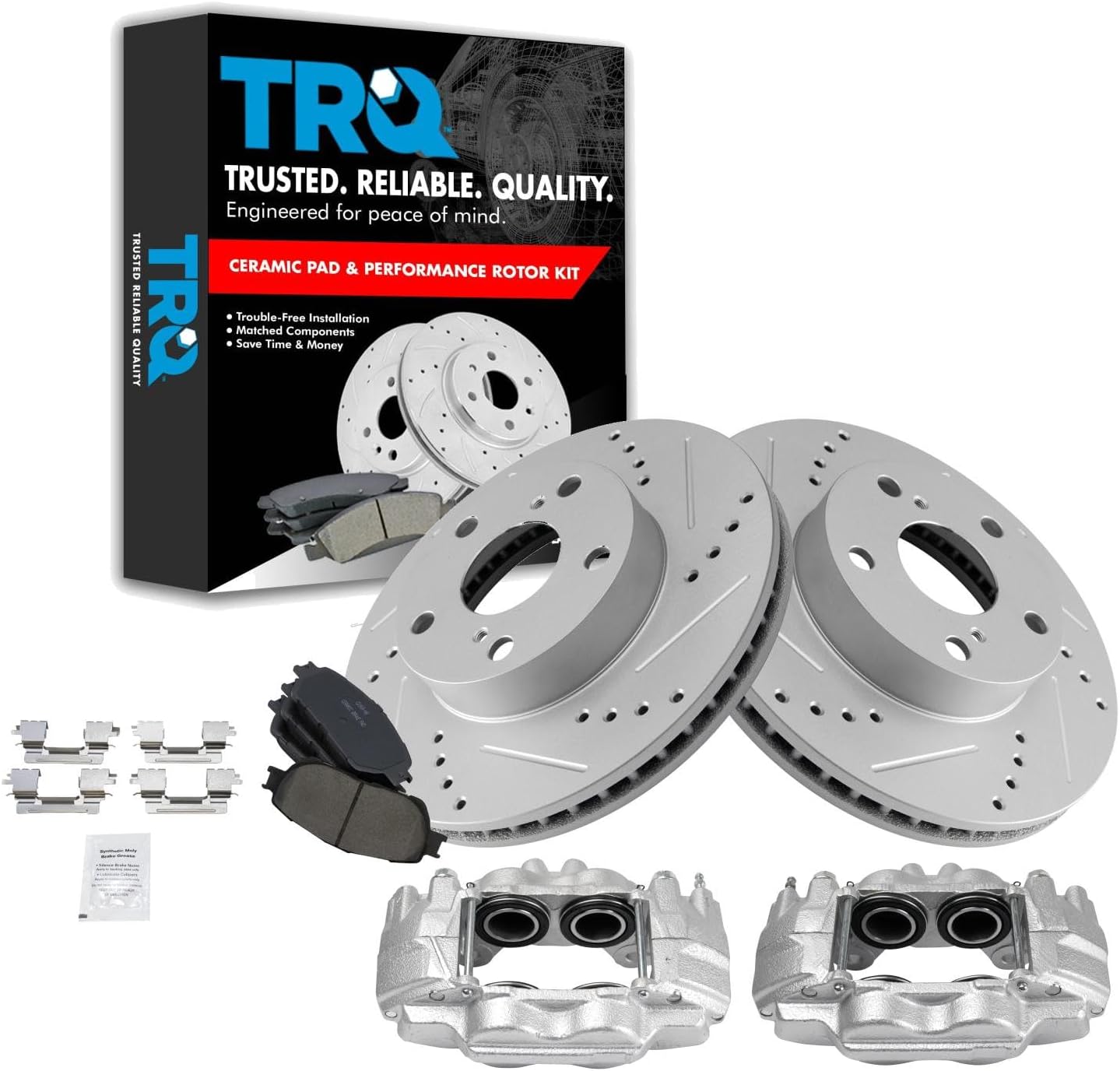 TRQ Performance Front Brake Pad and Rotor Set Ceramic Vented Coated Drilled Slotted Rotors Calipers Compatible with 2005-2015 Toyota Tacoma