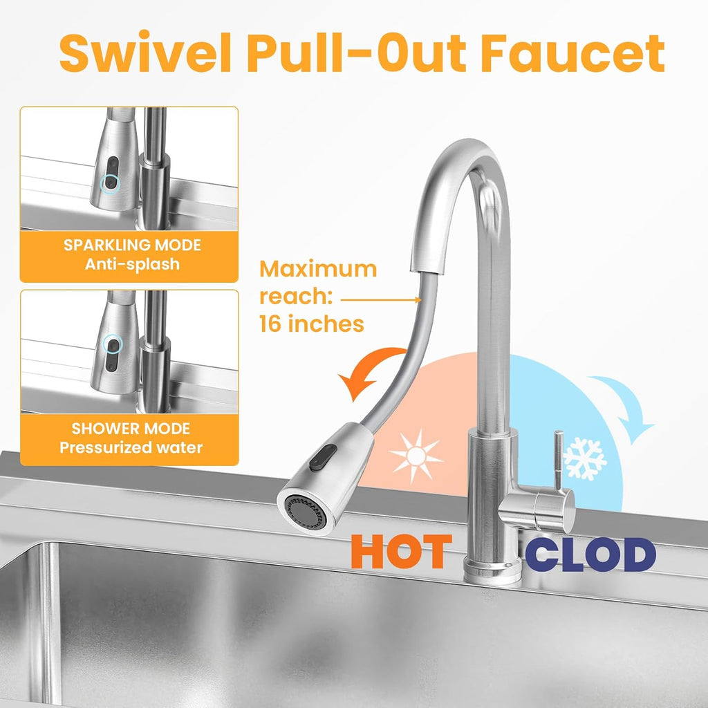Stainless Steel Utility Sink, 25.6'' Free Standing Single Bowl Sink with Pull-Out Faucet & Cold and Hot Water Pipe & basket, Indoor and Outdoor Sink for Laundry Room, Garage, Kitchen, Silver
