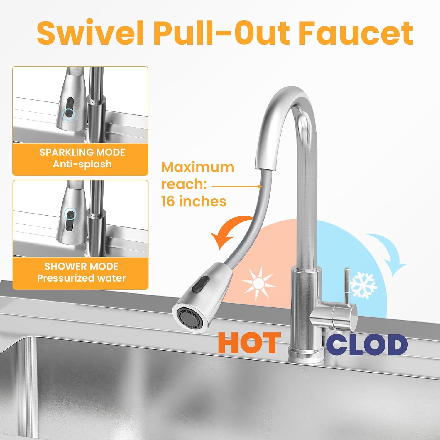 Stainless Steel Utility Sink, 25.6'' Free Standing Single Bowl Sink with Pull-Out Faucet & Cold and Hot Water Pipe & basket, Indoor and Outdoor Sink for Laundry Room, Garage, Kitchen, Silver