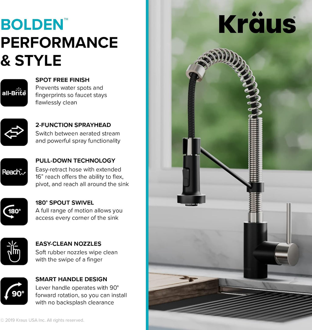 KRAUS Bolden 18-Inch Single Handle Spot Free Stainless Steel/Matte Black Commercial Style Pull-Down Kitchen Faucet with Dual Function Sprayer, KPF-1610SFSMB (Pack of 1)