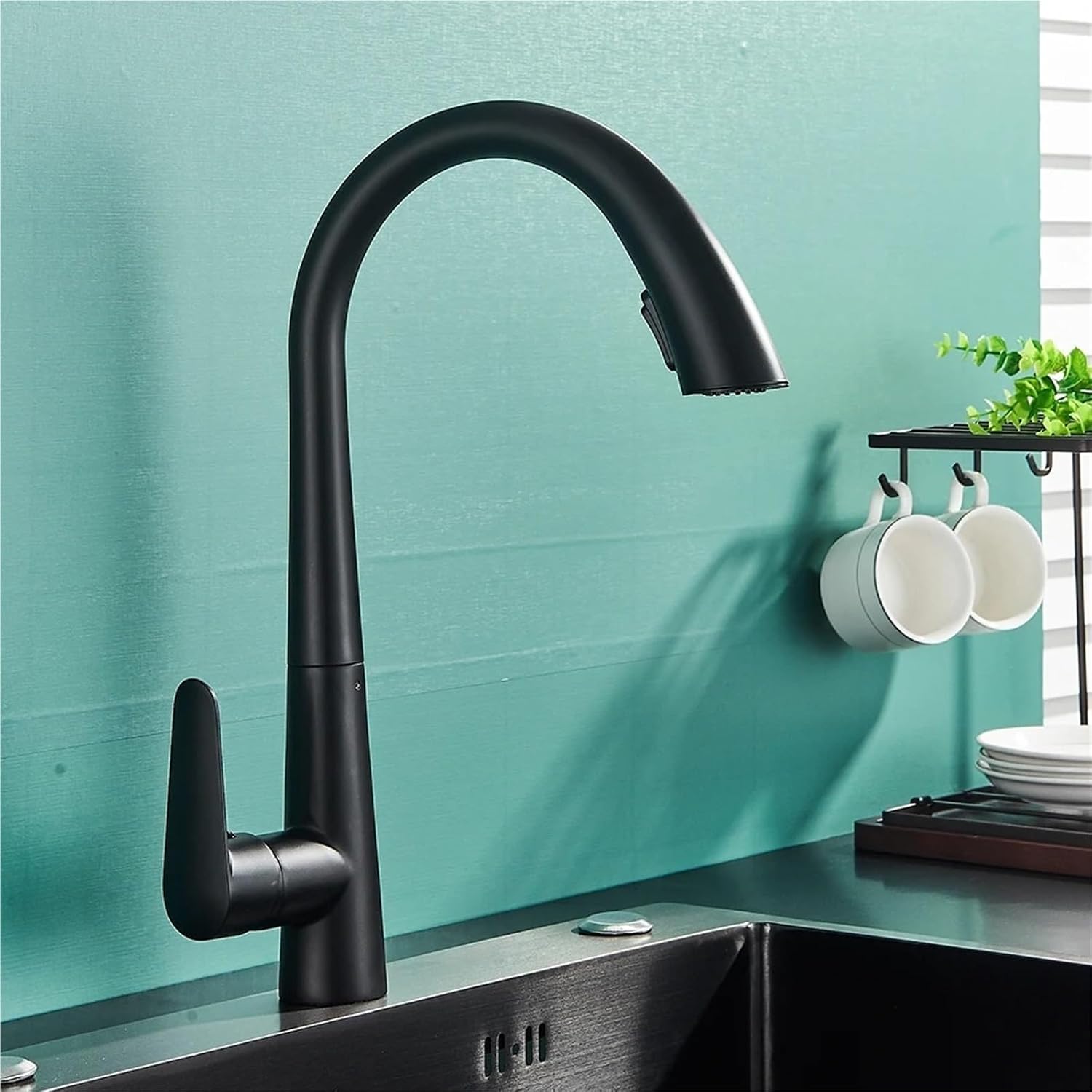 Kitchen Faucet Flexible Pull Out Mixer Tap Deck Mounted 360 Swivel 2 Mode Hot Cold Water Faucets(Matte Black)