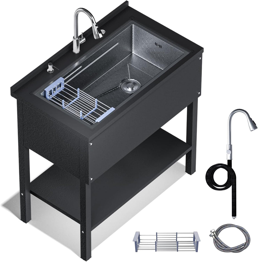 Heavy Duty Stainless Steel Utility Sink,36' Freestanding Laundry Room Sink with Stainless Steel Pull-Out Faucet, Storage Shelf & Drain Kit Single Bowl Sink for Outdoor, Garage, Workshop(Black 36x20)