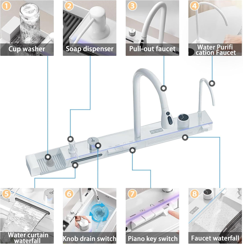 29.5 inch White Smart Digital Display Waterfall Sink, 304 Stainless Steel Modern Kitchen Sink with 5 Water Outlet Modes, Waterfall Pull-Out Faucet, Cup Washers and Accessory Set