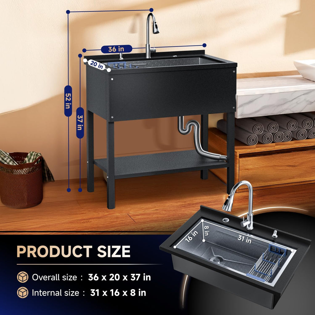 Heavy Duty Stainless Steel Utility Sink,36' Freestanding Laundry Room Sink with Stainless Steel Pull-Out Faucet, Storage Shelf & Drain Kit Single Bowl Sink for Outdoor, Garage, Workshop(Black 36x20)