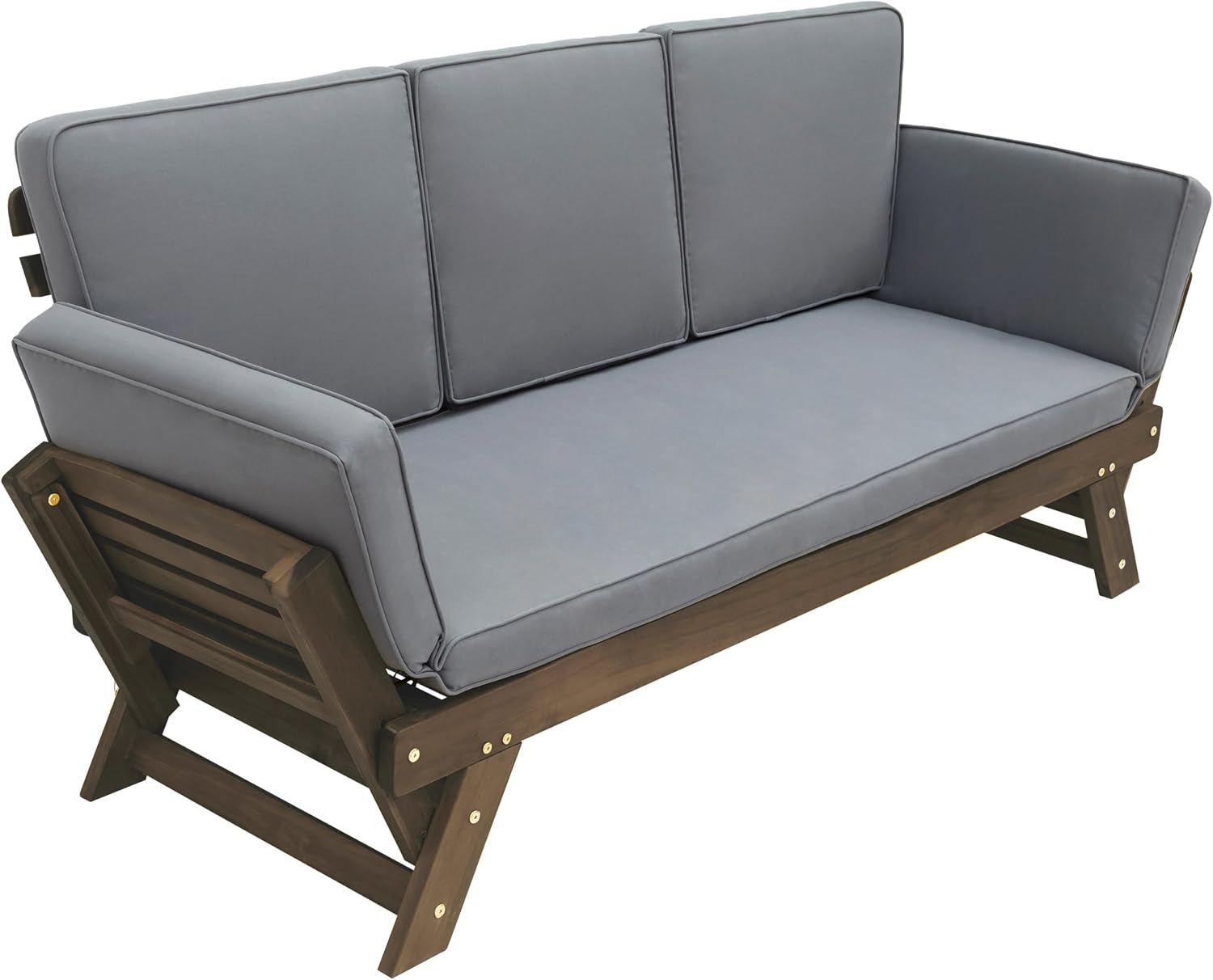 Outdoor Adjustable Patio Wooden Daybed Sofa Chaise Lounge with Cushions for Small Places Porch Lawn Garden Backyard Poolside (Brown Finish+Gray Cushion-02)