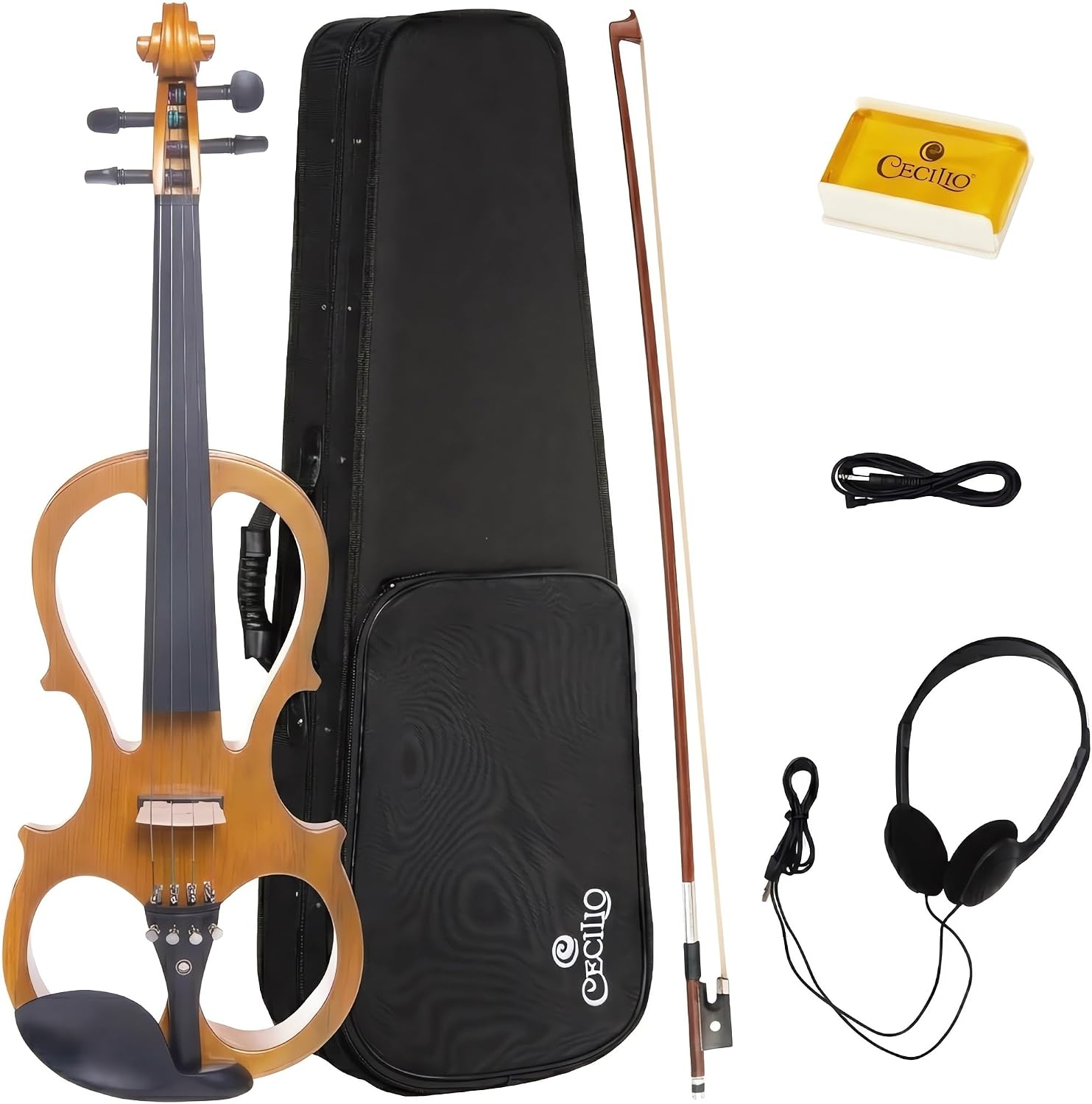 Cecilio 4/4 Full Size Electric Silent Violin, Hand-Carved Solid Maple Wood, Complete Set with Case & Ebony Fittings, Ideal for Practice, Stage & Studio Use, Yellow Maple Metallic