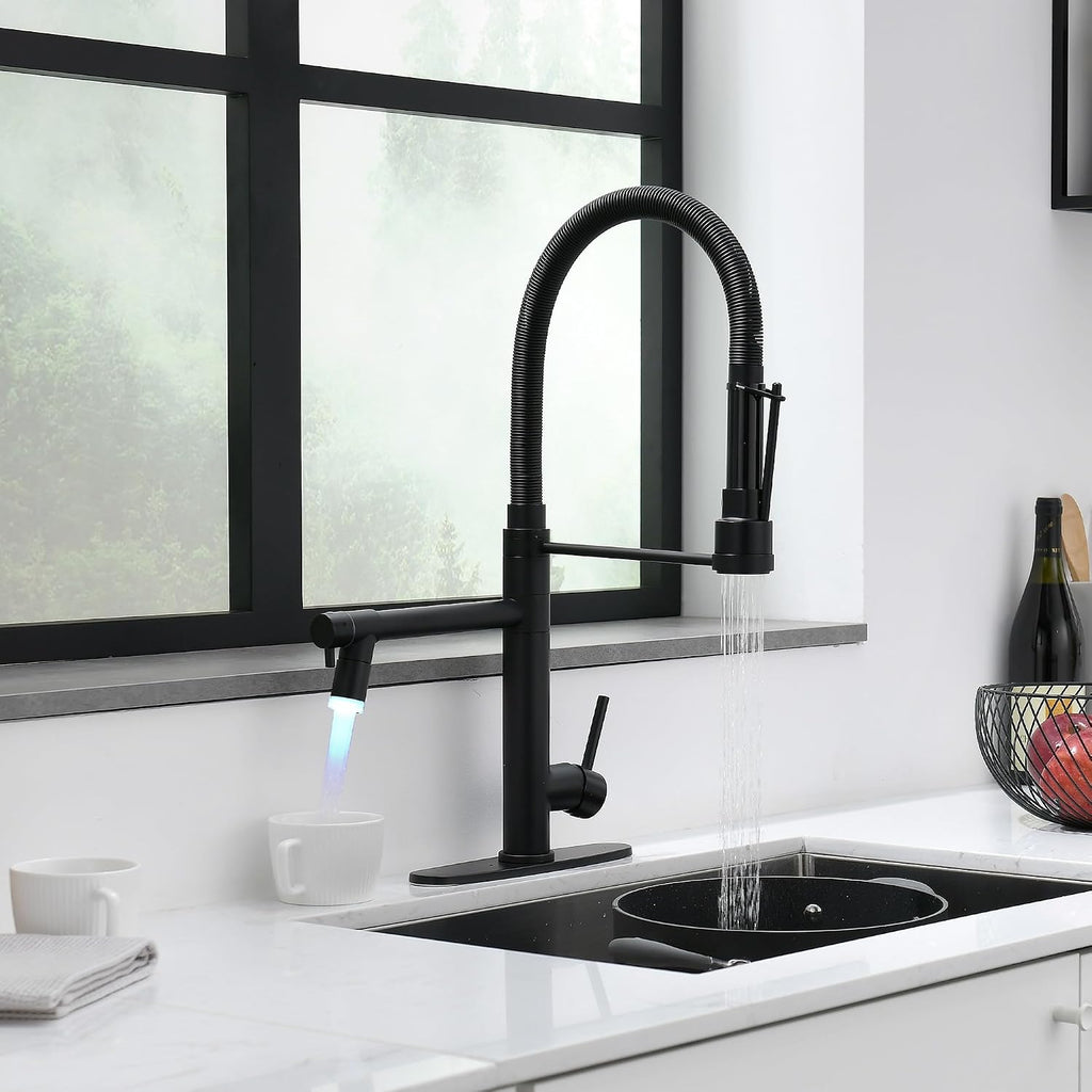 GIMILI Matte Black Kitchen Faucet with Pull Down Sprayer Commercial Kitchen Faucet with LED Double-Headed Single Handle Spring Stainless Steel Brushed Nickel Kitchen Sink Faucet
