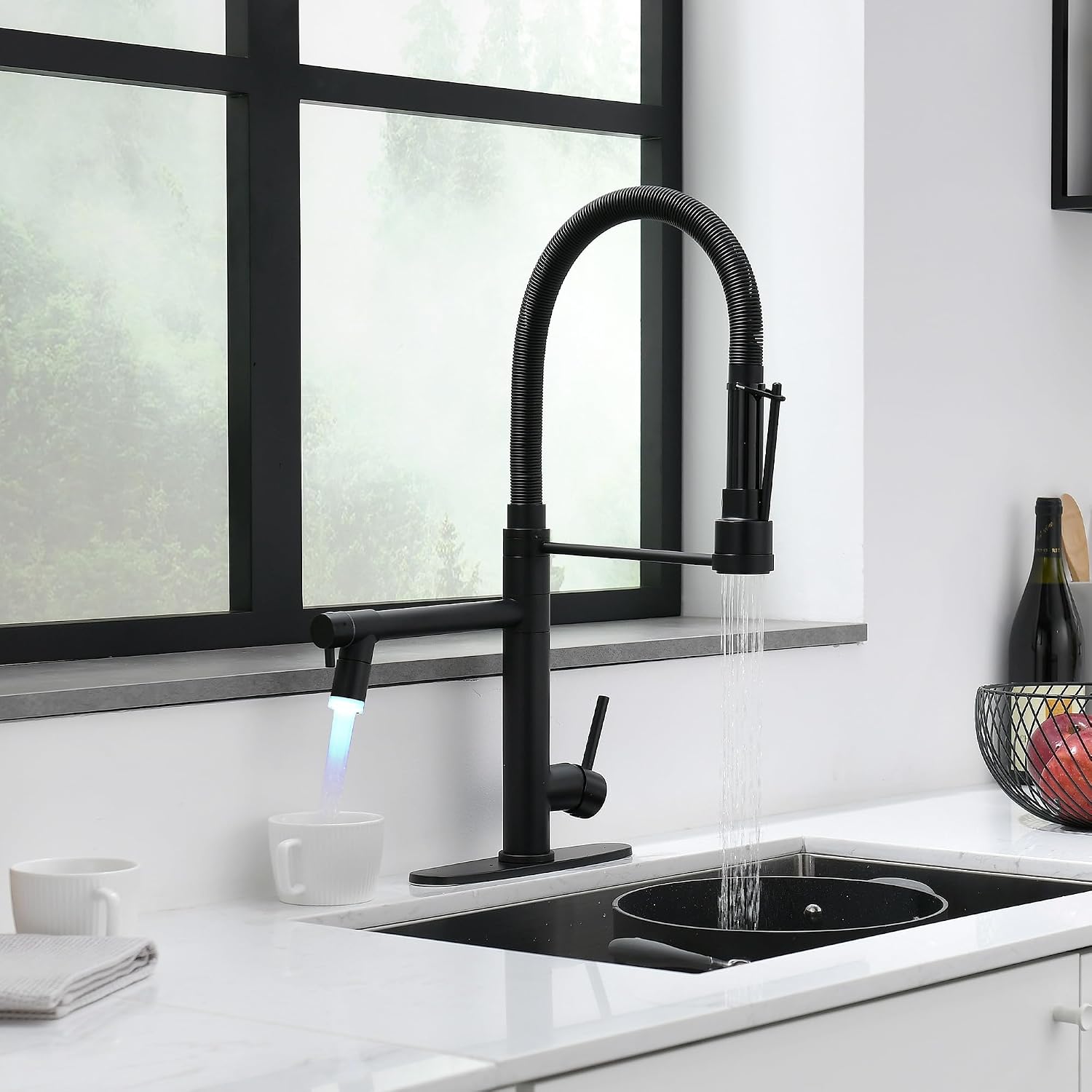 GIMILI Matte Black Kitchen Faucet with Pull Down Sprayer Commercial Kitchen Faucet with LED Double-Headed Single Handle Spring Stainless Steel Brushed Nickel Kitchen Sink Faucet