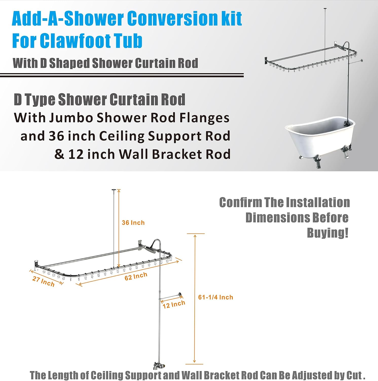 Clawfoot Tub Shower Kit,Add On Shower With Bathcock Diverter Faucet and 60' D Type Claw foot Tub Shower Curtain Rod Kit,D-Style Shower Rod and Clawfoot Tub Shower Faucet Set,Chrome Plated