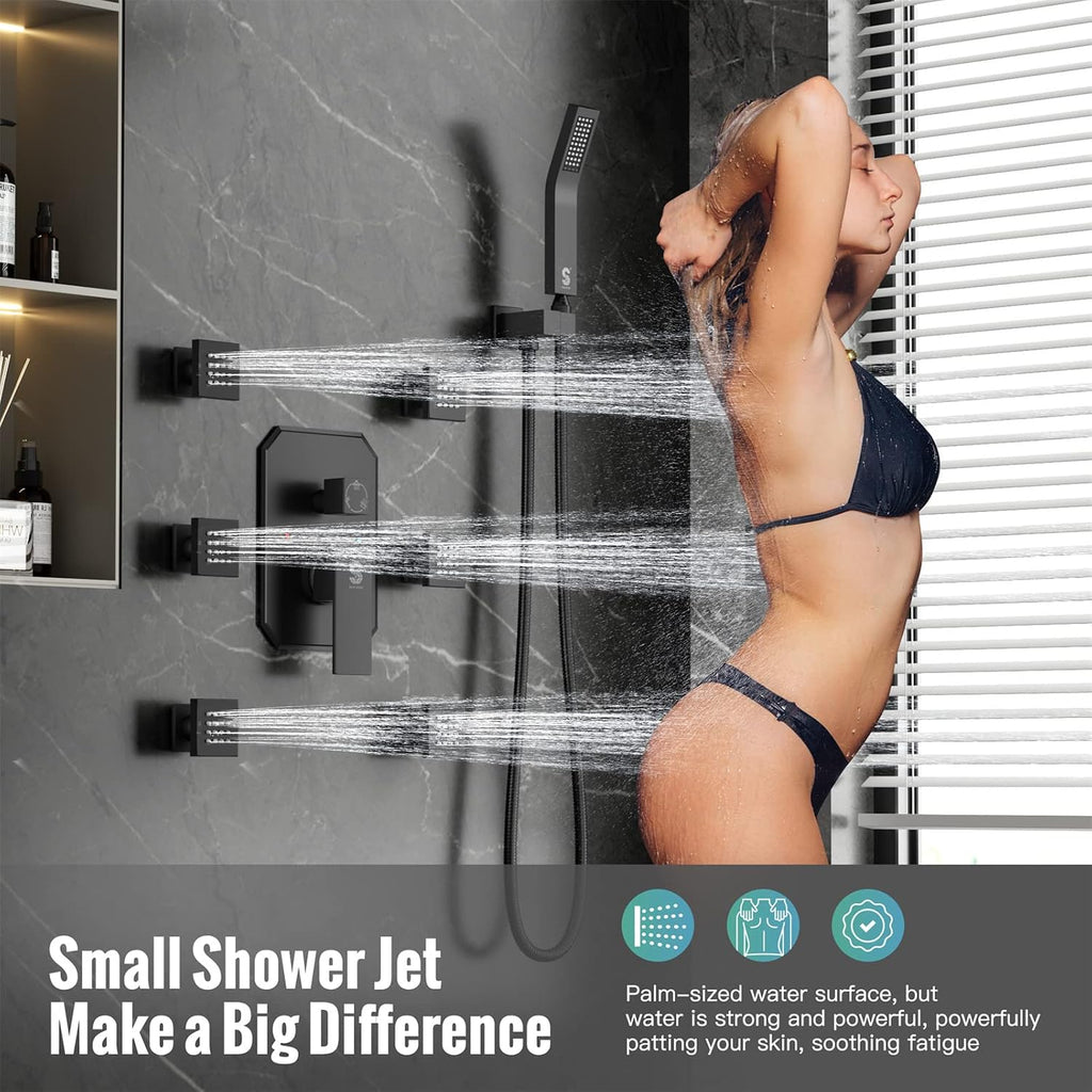 Waist Massage Spray Shower System with 6 Body Jets and Tub Spout, 16'' Full Body Bathtub Shower System with Shower Jet, Wall Mounted Rain Shower and Handheld Shower Faucet Set Complete, Matte Black