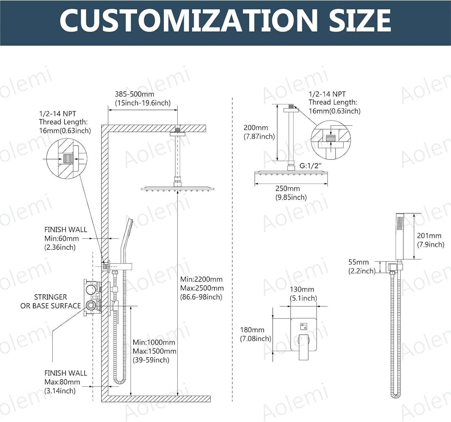 Aolemi Ceiling Mount Shower Faucet Set with Handheld Spray High Pressure Shower Faucets Sets Complete Rough-in Valve and Shower Trim Kit System Included Rainfall Matte Black 10 Inch LED Shower Head