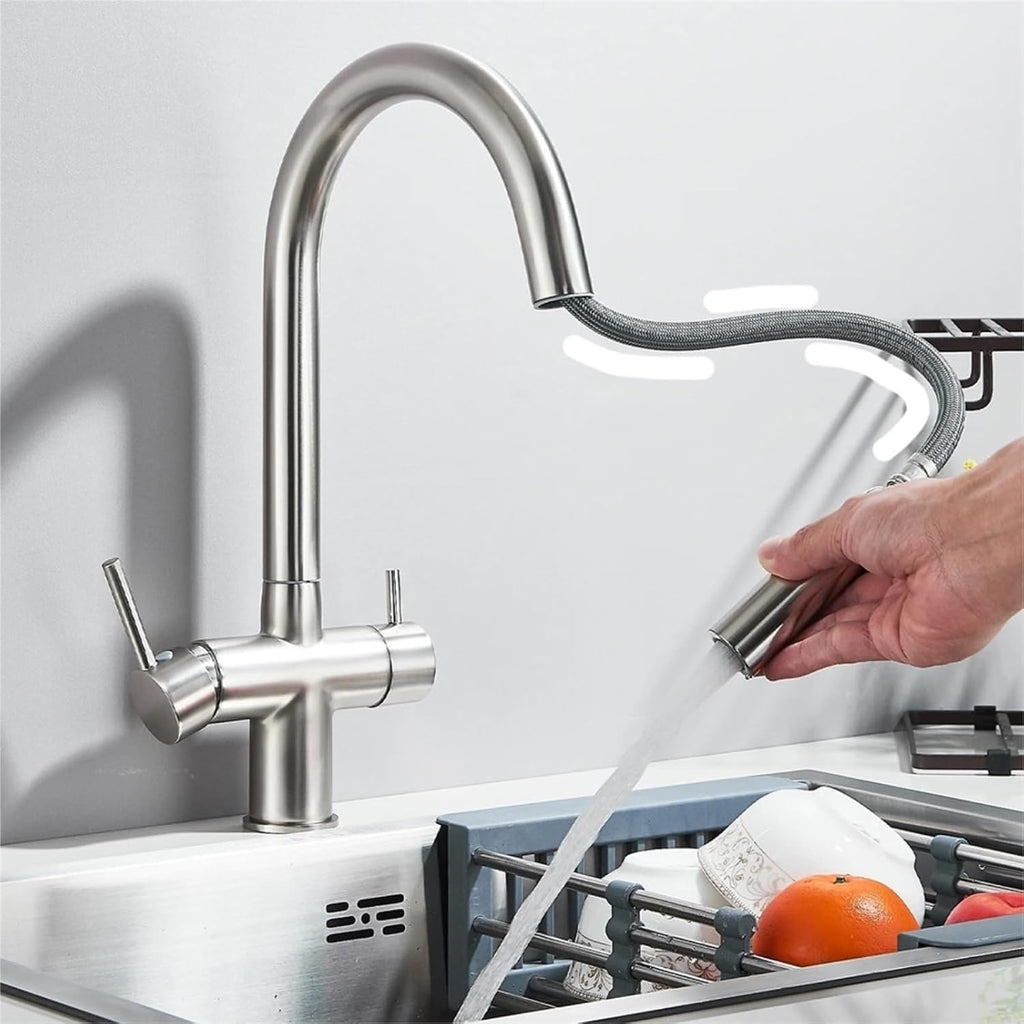 Kitchen Faucet Pure Water Pull Out 360 Rotation Hot and Cold Water Mixer Tap Dual Handle Deck Mounted Sink Crane(Gray)