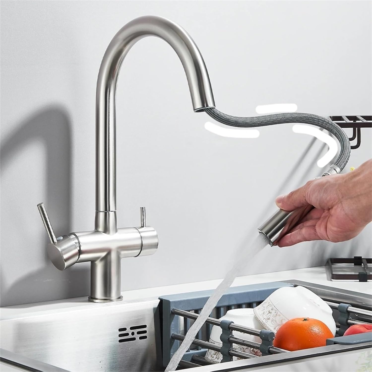Kitchen Faucet Pure Water Pull Out 360 Rotation Hot and Cold Water Mixer Tap Dual Handle Deck Mounted Sink Crane(Gray)