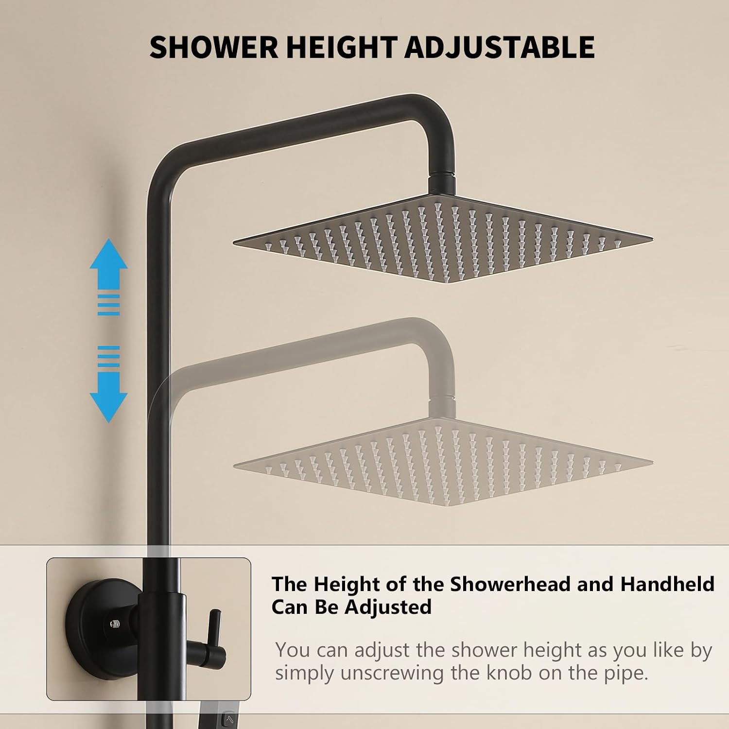Exposed Shower System 10' Matte Black Rainfall Shower Head with 2 Modes Handheld and Tub Faucet Set, Square Shower Head 3 Functions Outdoor Shower Fixtures with Brass Valve, Height Adjustable