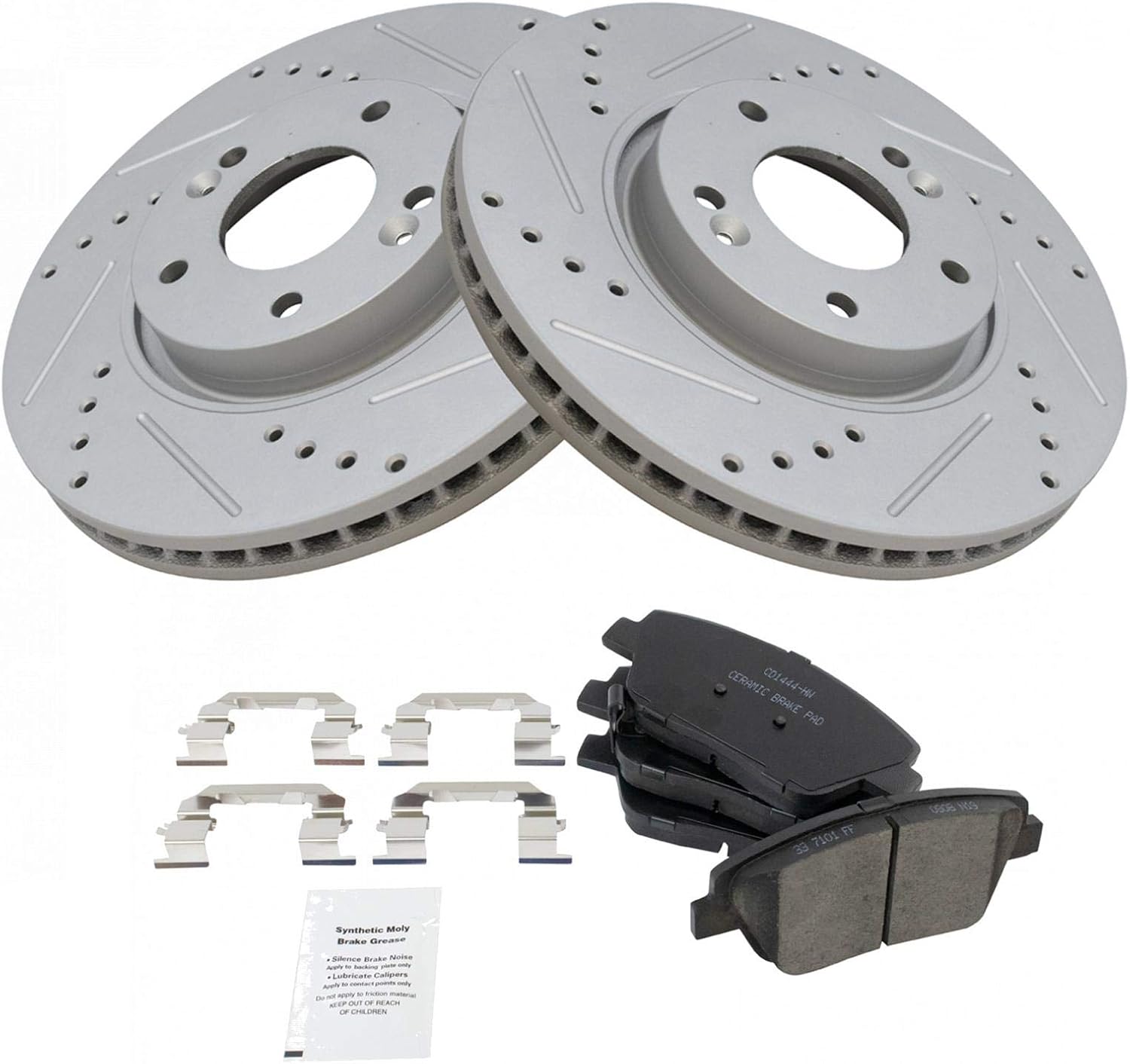 TRQ Performance Front Brake Pad and Rotor Set Ceramic G Coated Drilled Slotted Vented Rotors Compatible with 2011-2015 Hyundai Sonata 2011-2016 Kia Optima