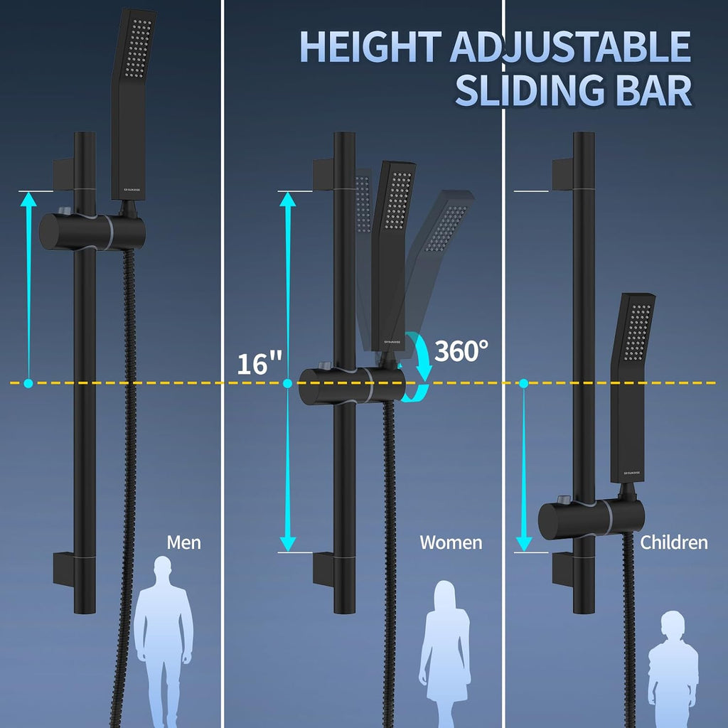 SR SUN RISE 10 Inch Slide Bar Shower Faucet Luxury High Pressure Shower Heads and Handheld Spray Combo Set Wall Mounted Shower System Included Valve and Trim Kit, Matte Black