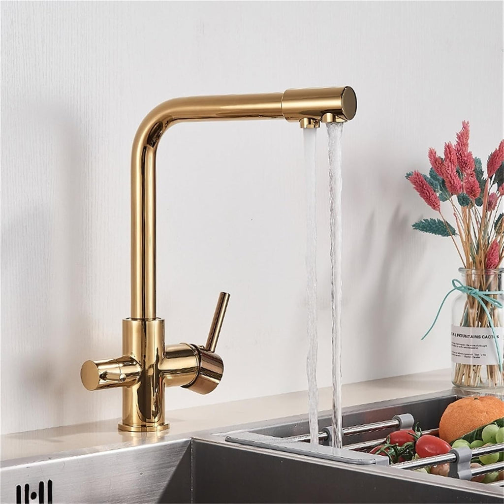 360° Rotating Deck-Mounted Filtered Pure Water Kitchen Faucet with Hot and Cold Water Mixer Tap(Golden)