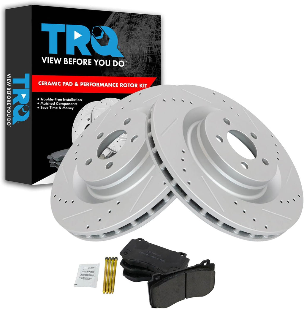 TRQ Performance Front Brake Pad and Rotor Set Ceramic Coated Drilled Slotted Vented Rotors Compatible with 2005-2014 Chrysler 300 2006-2019 Dodge Challenger 2006-2018 Charger 2006-2008 Magnum