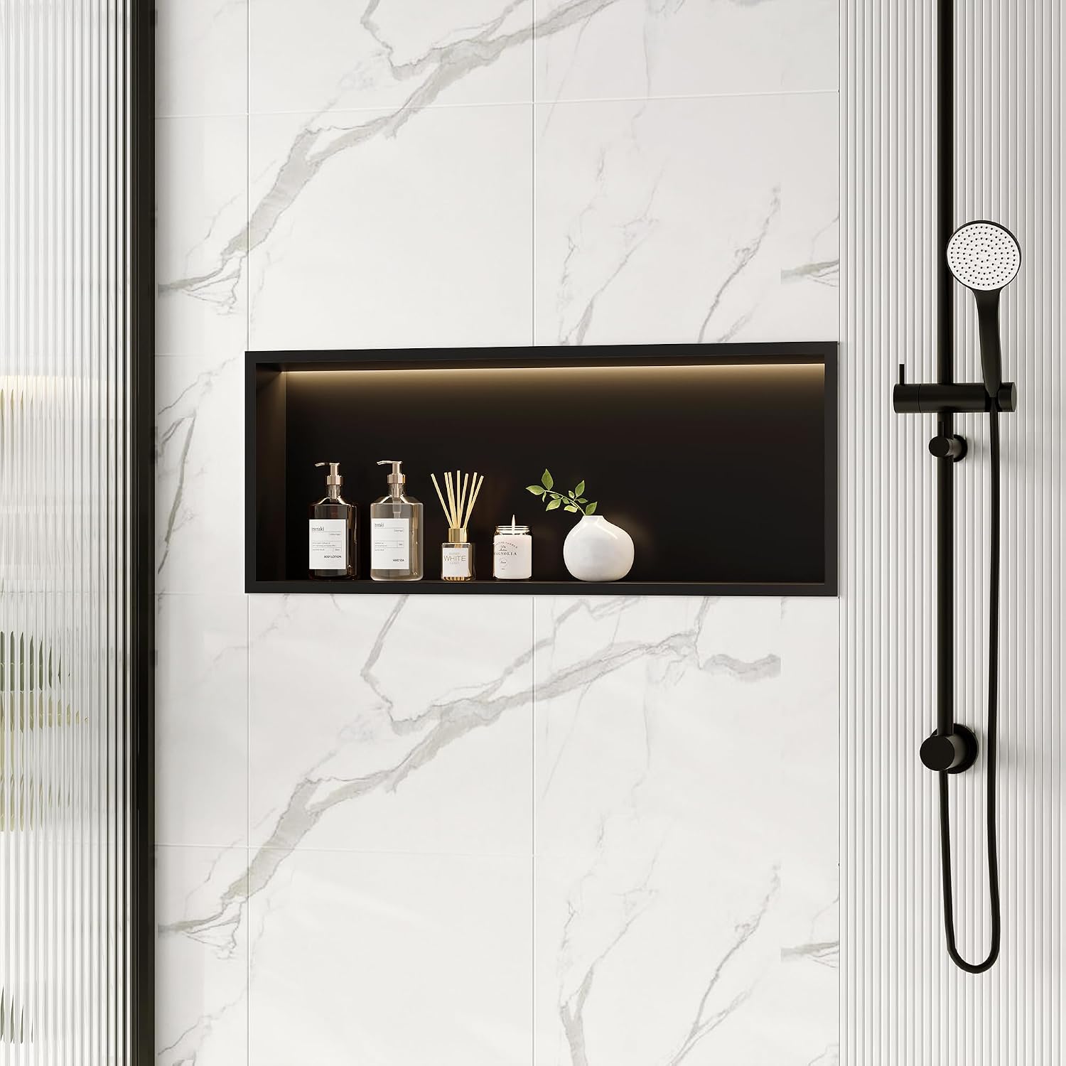Qeke Stainless Steel Shower Niche 30' X 12', No Tile Needed Wall Niche with Non-Dimmable Led Light, Recessed Shower Niche Lighting for Bathroom Storage Over Mount Installation, Matte Black