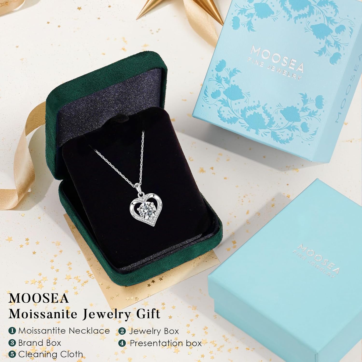 MOOSEA Heart Moissanite Pendant Necklace, 925 Sterling Silver 1-3 Carat Lab Created Moissanite, Anniversary Birthday Gifts for Women Mom Wife Girlfriend Grandma Jewelry Gift