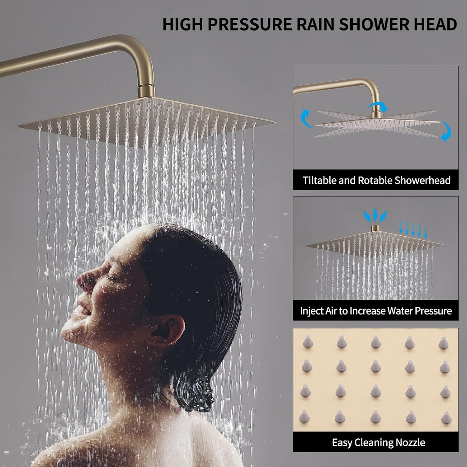 Exposed Shower System 10' Brushed Gold Rainfall Shower Head with 2 Modes Handheld and Tub Faucet Set, Square Shower Head 3 Functions Outdoor Shower Fixtures with Brass Valve, Height Adjustable