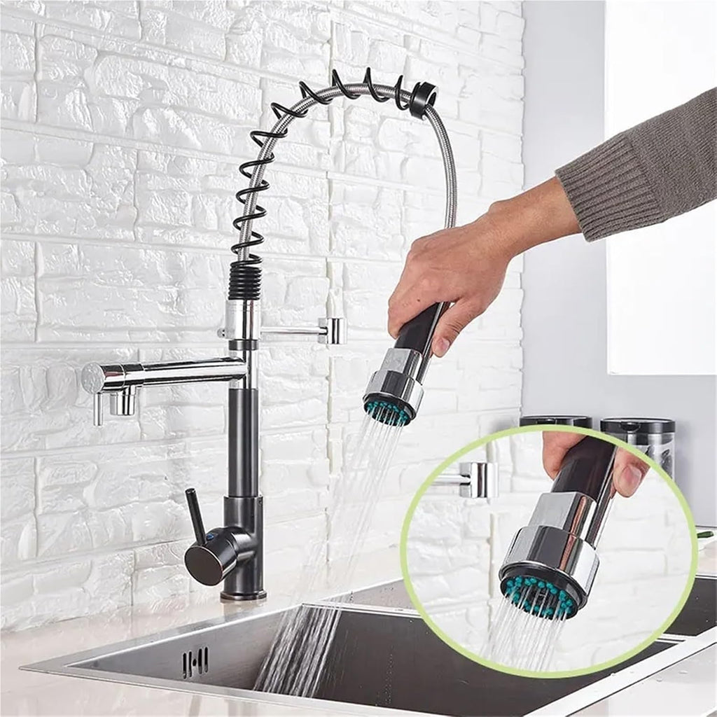 Kitchen Spring Faucet Pull Down Pull Out Dual Spouts 360 Rotation Cold and Hot Water Single Handle Mixer Tap(Golgden Long)