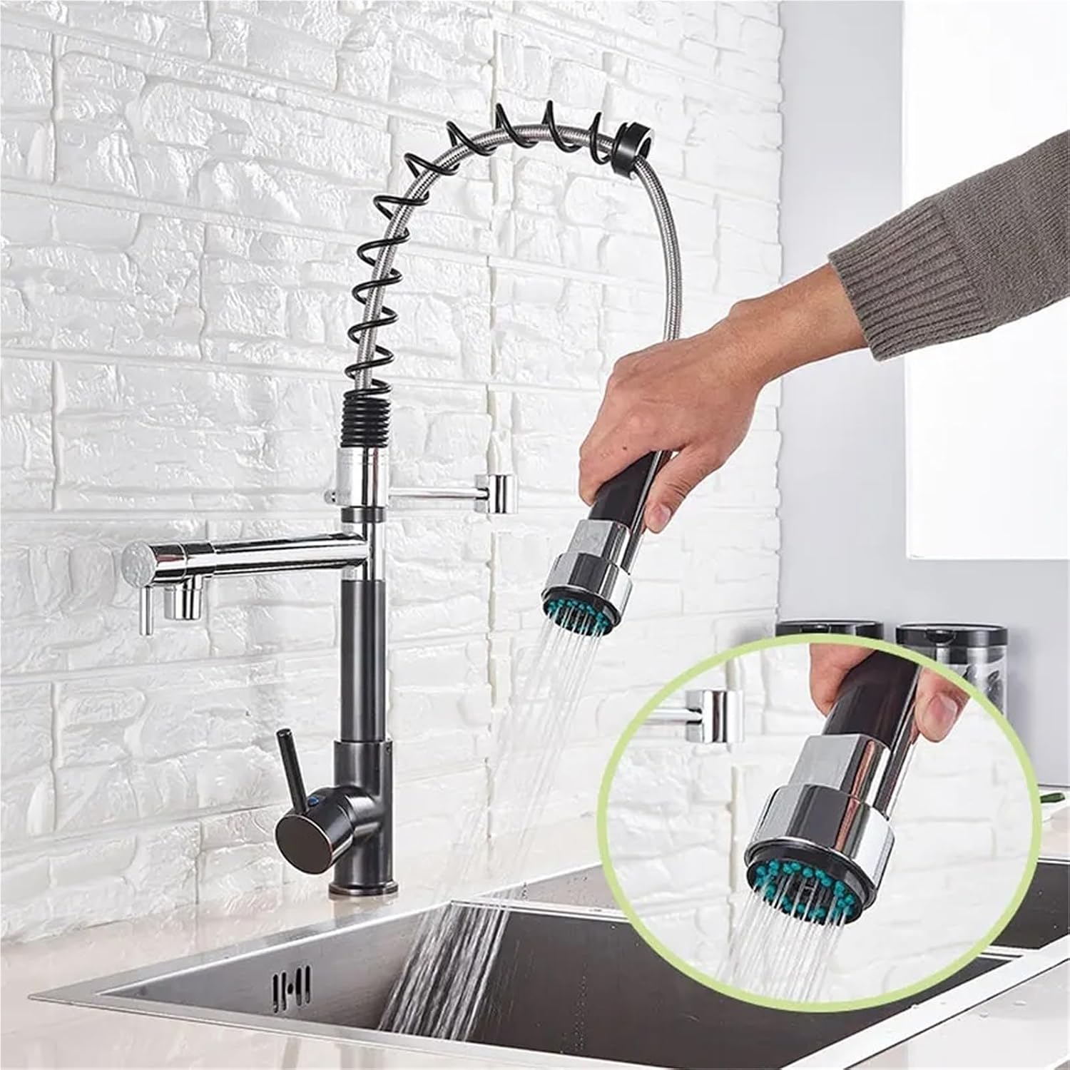 Kitchen Spring Faucet Pull Down Pull Out Dual Spouts 360 Rotation Cold and Hot Water Single Handle Mixer Tap(Golgden with Cover)