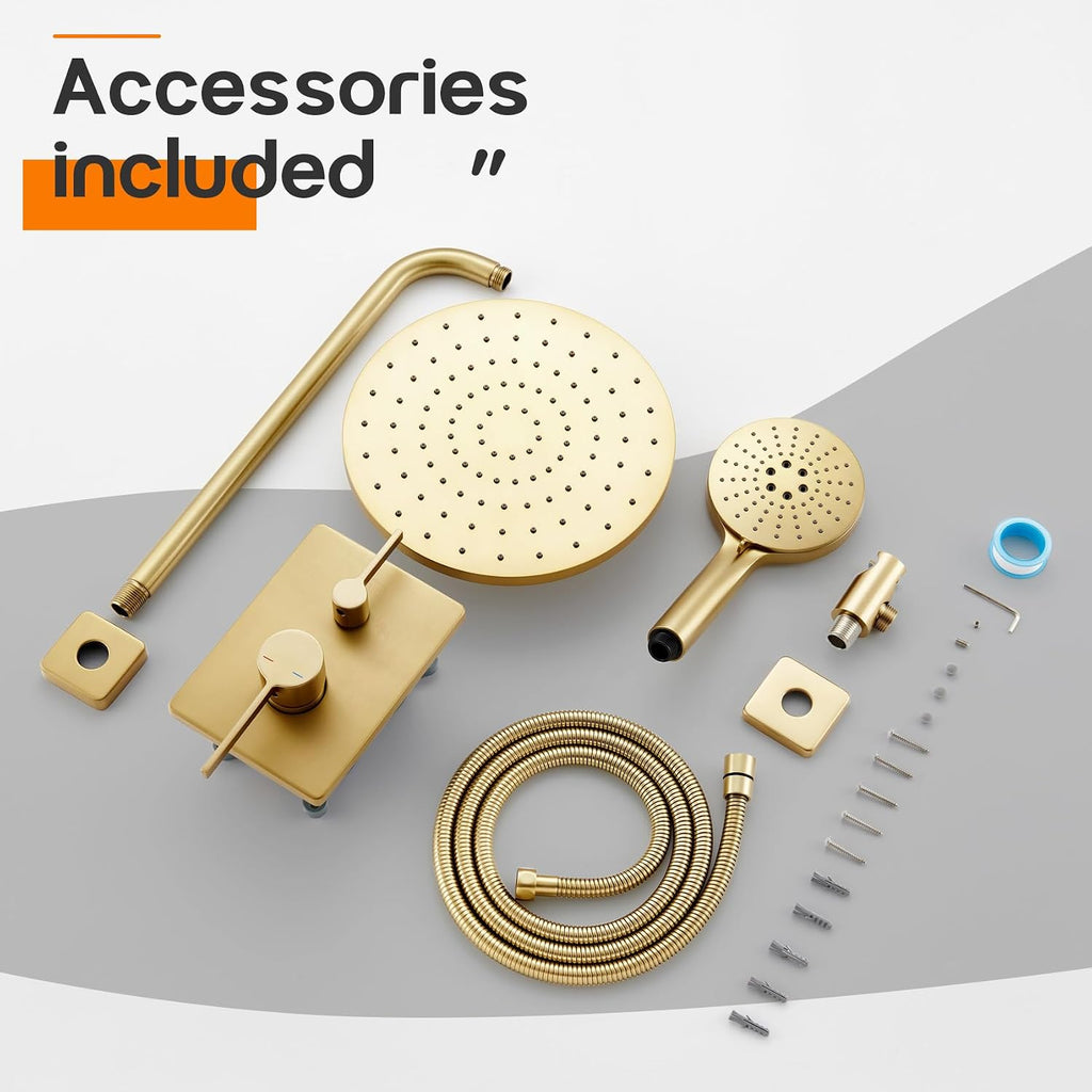 Bathroom Shower Trim Kit with 10'' High Pressure Rain Shower Head, 3-Function Handheld Spray and Valve Included, Wall Mounted Gold Finish SF001GD-D10