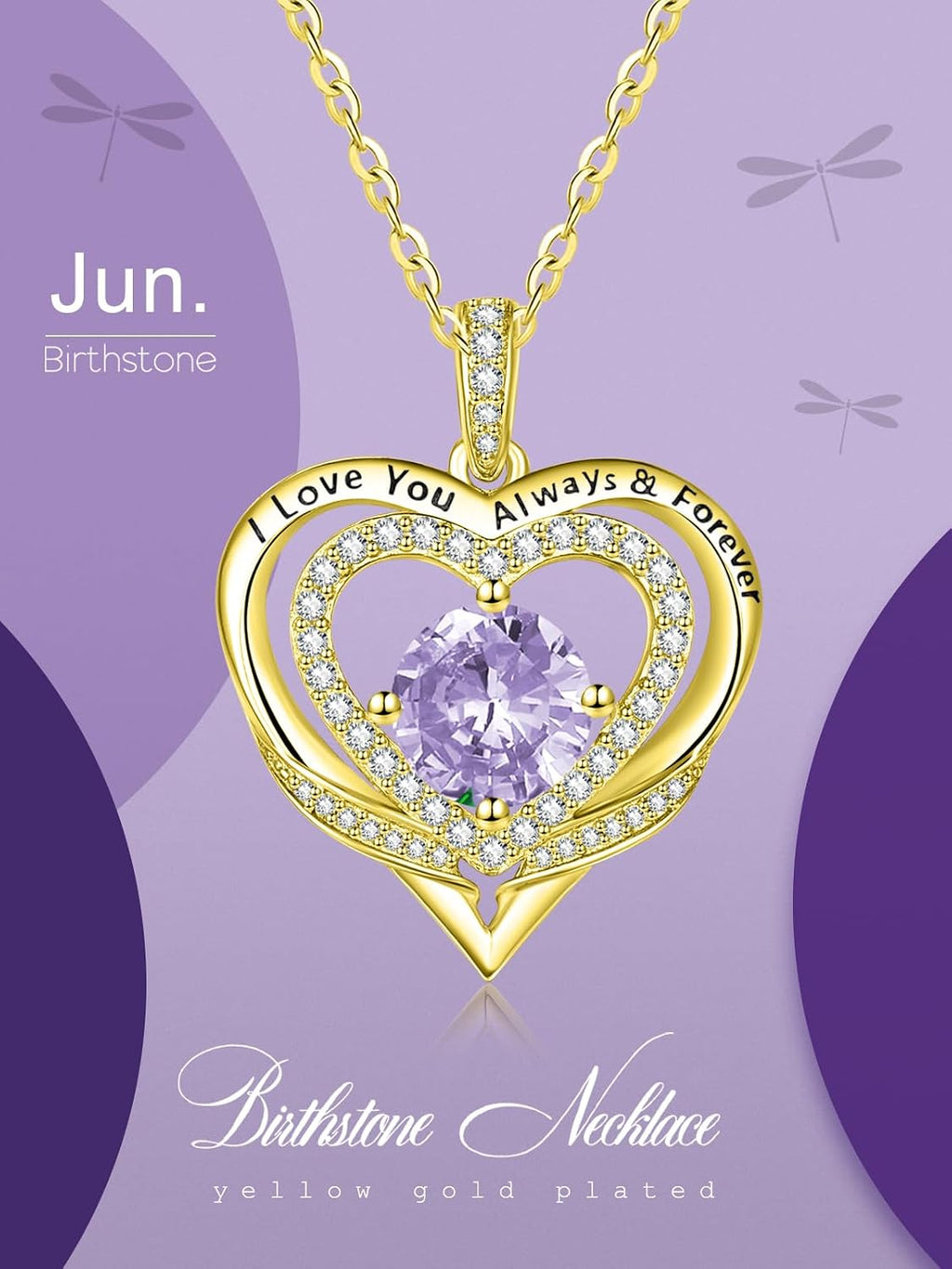14K Gold Heart Necklaces for Women with Birthstone Pendant ，Double Hearts Necklace Jewelry Gift for Girlfriend Mom Anniversary Birthday Adjustable Chain 18' + 2' 'I Love You Always & Forever