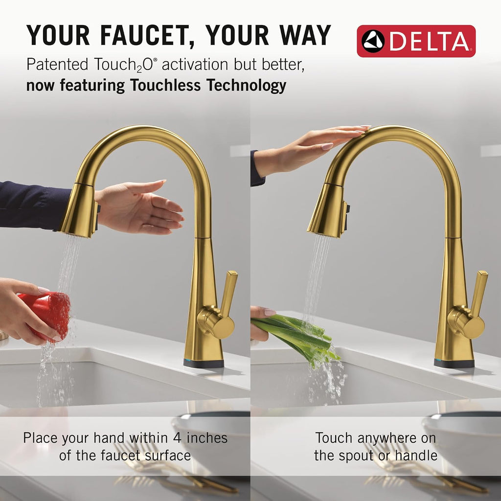 Delta Lenta Touchless Kitchen Faucet with Touch Technology, Brushed Gold Kitchen Sink Faucet with Pull Down Sprayer, Brushed Gold 19802TLZ-GB-DST