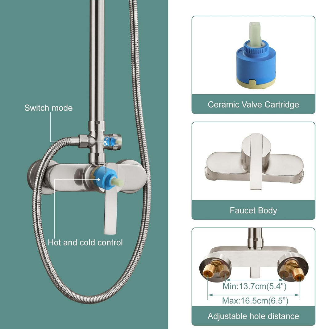 Heyalan Exposed Pipe Shower System Brushed Nickel 8 Inch Rainfall Showerhead Shower Faucet Fixture Combo Set Brass Single Handle with Hand Sprayer Adjustable Slide Bar Dual Functions