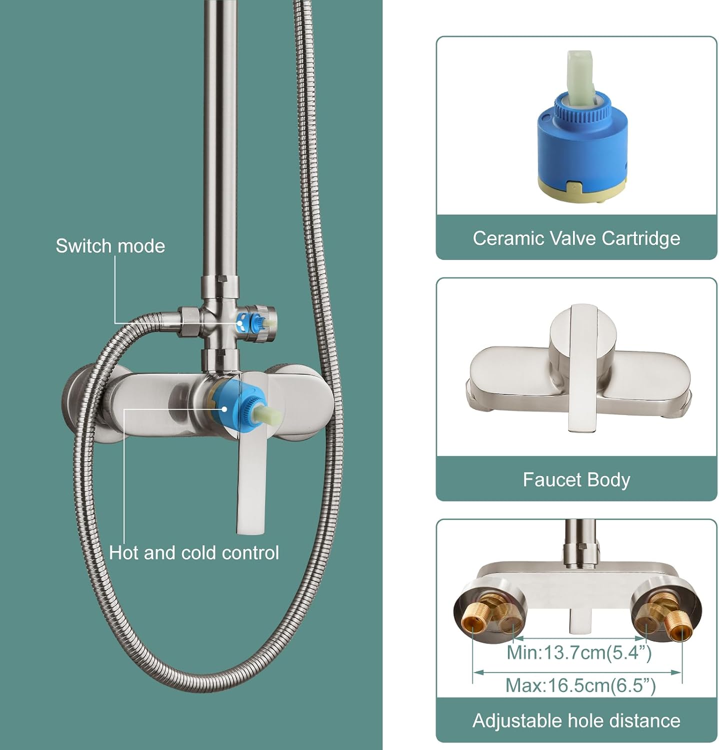 Heyalan Exposed Pipe Shower System Brushed Nickel 8 Inch Rainfall Showerhead Shower Faucet Fixture Combo Set Brass Single Handle with Hand Sprayer Adjustable Slide Bar Dual Functions