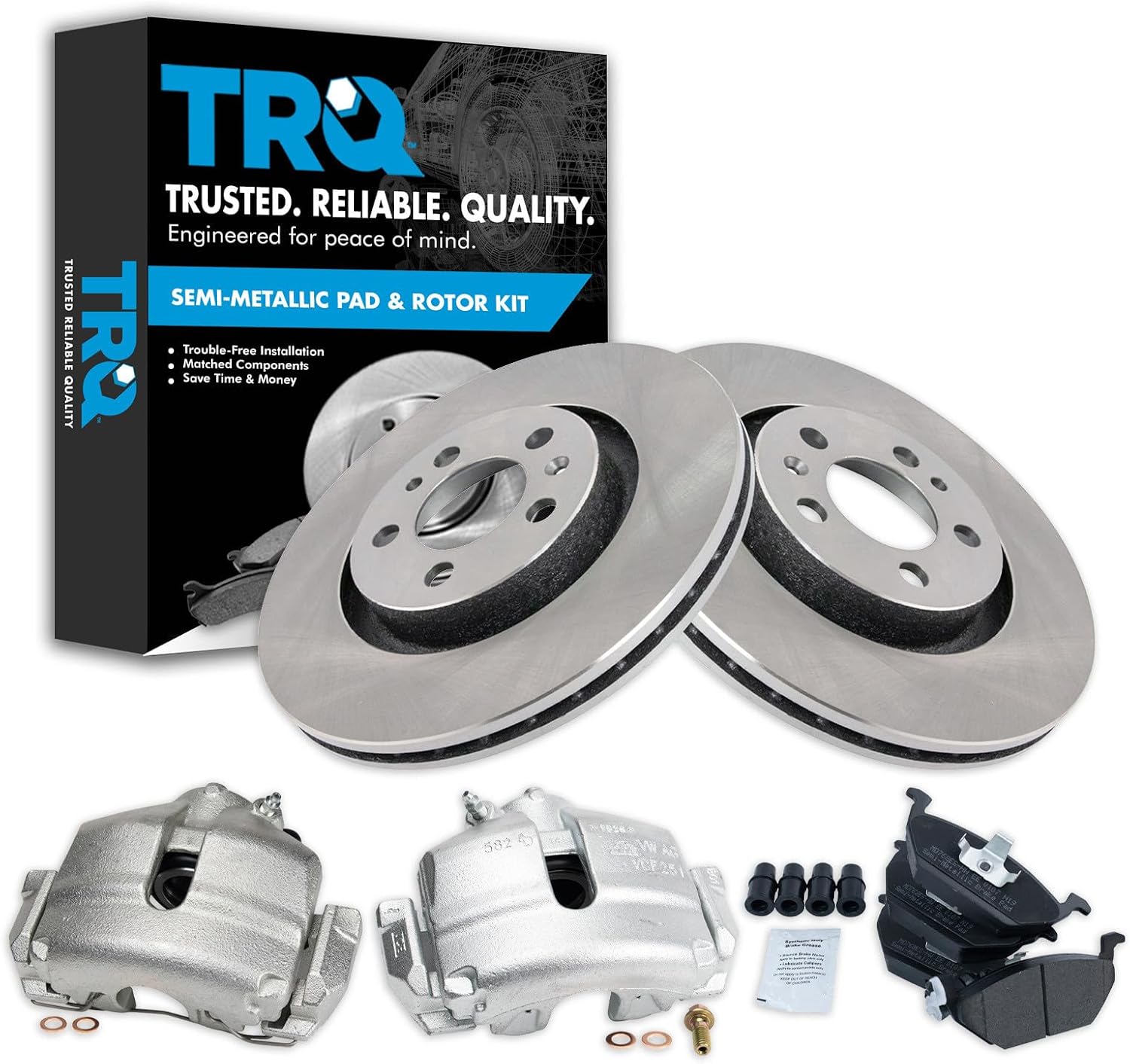 TRQ Front Brake Pad and Rotor Set Semi Metallic Vented Rotors Calipers Compatible with 2005 Volkswagen Jetta