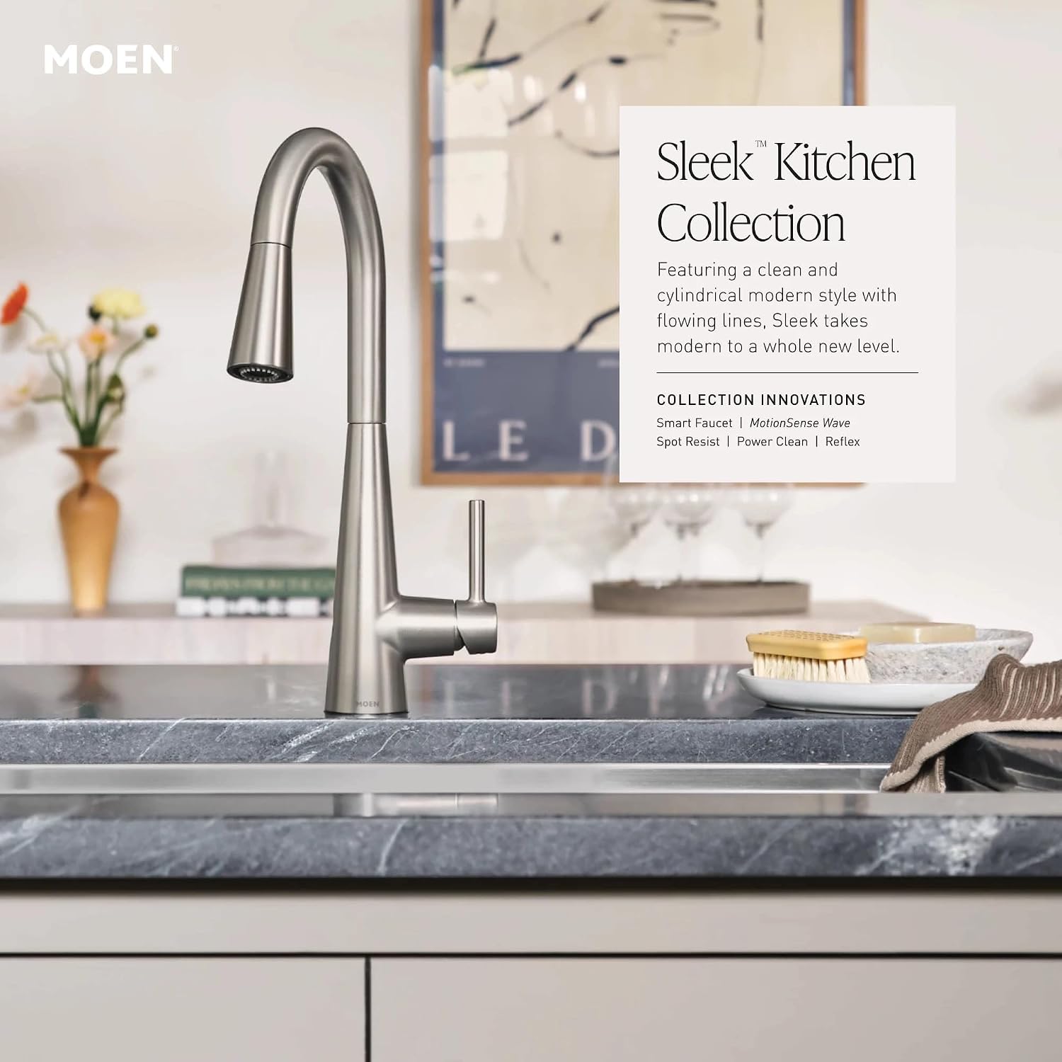 Moen Sleek Brushed Gold One-Handle, Single-Hole Pulldown Kitchen Faucet with PowerBoost Technology for Faster Water Flow, 7864BG
