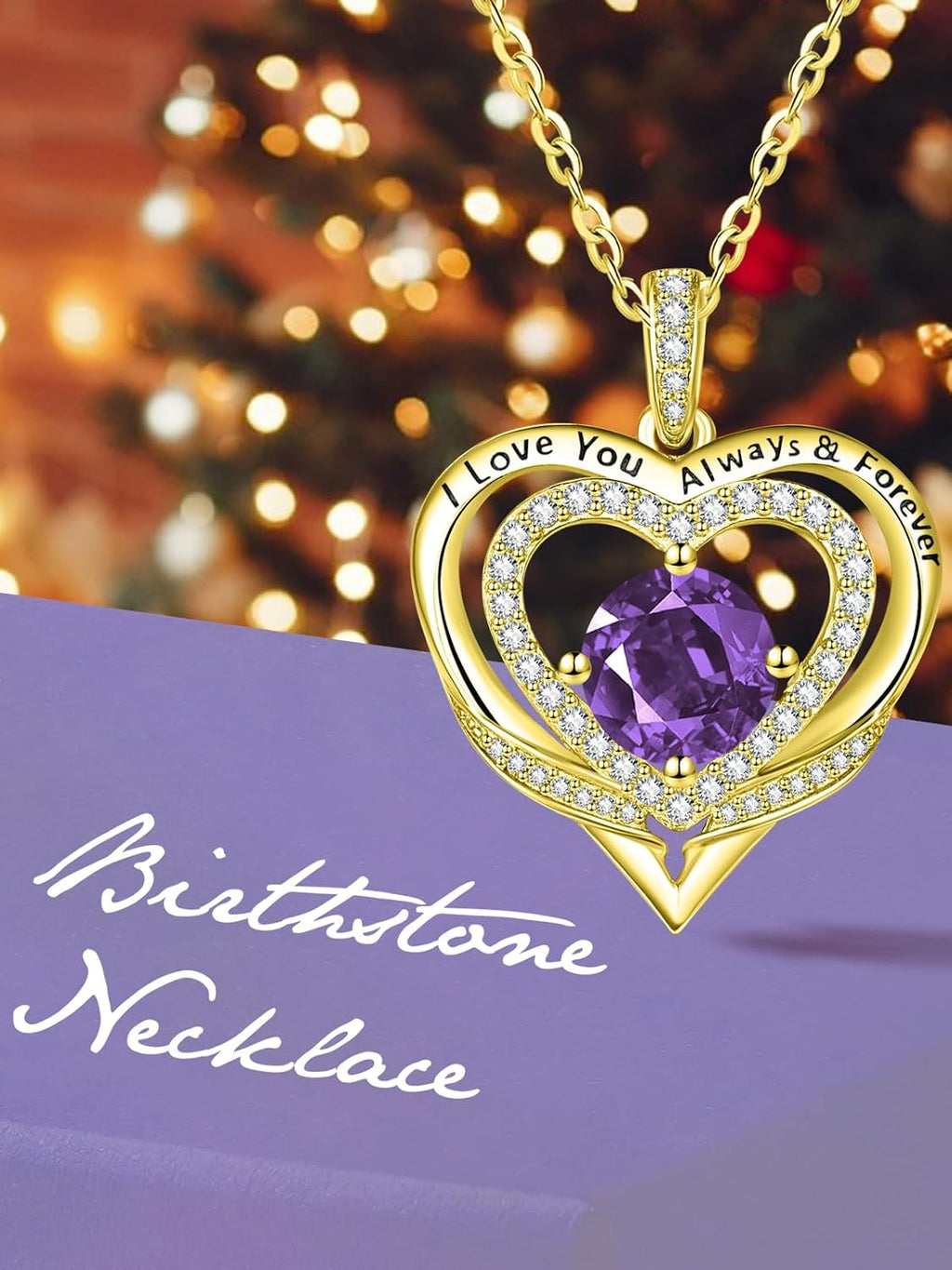 14K Gold Heart Necklaces for Women with Birthstone Pendant ，Double Hearts Necklace Jewelry Gift for Girlfriend Mom Anniversary Birthday Adjustable Chain 18' + 2' 'I Love You Always & Forever