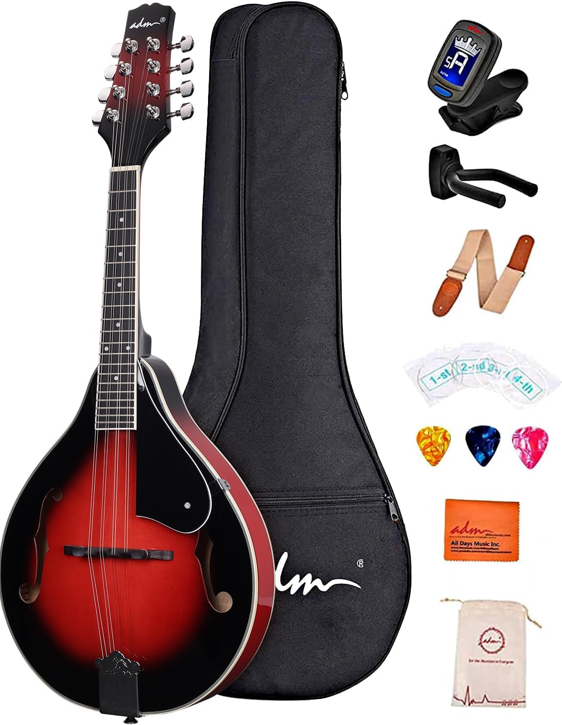ADM Acoustic Mandolin Instrument Kit Music A Style for Kids Students Adults Wood Mandolins Beginner Set With Bag, Tuner, Pick-up, Strap, Strings, Picks and Hanger, Red