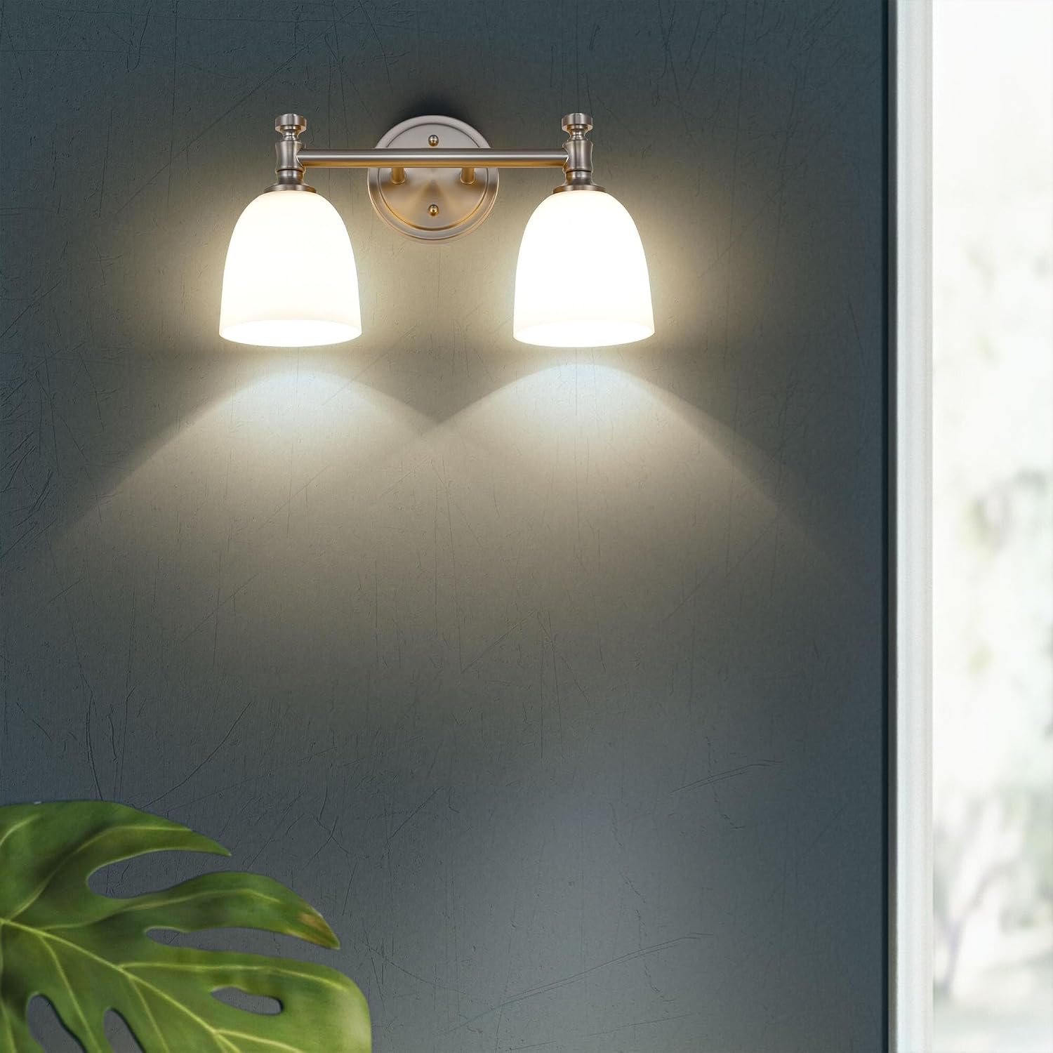 Bathroom Light Fixtures, Brushed Nickel 2-Light Bathroom Vanity Light Fixtures Over Mirror, Vintage Vanity Lights for Bathroom Living Room, Milk White Glass Shades , Standard E26 Base, Brushed Nickel