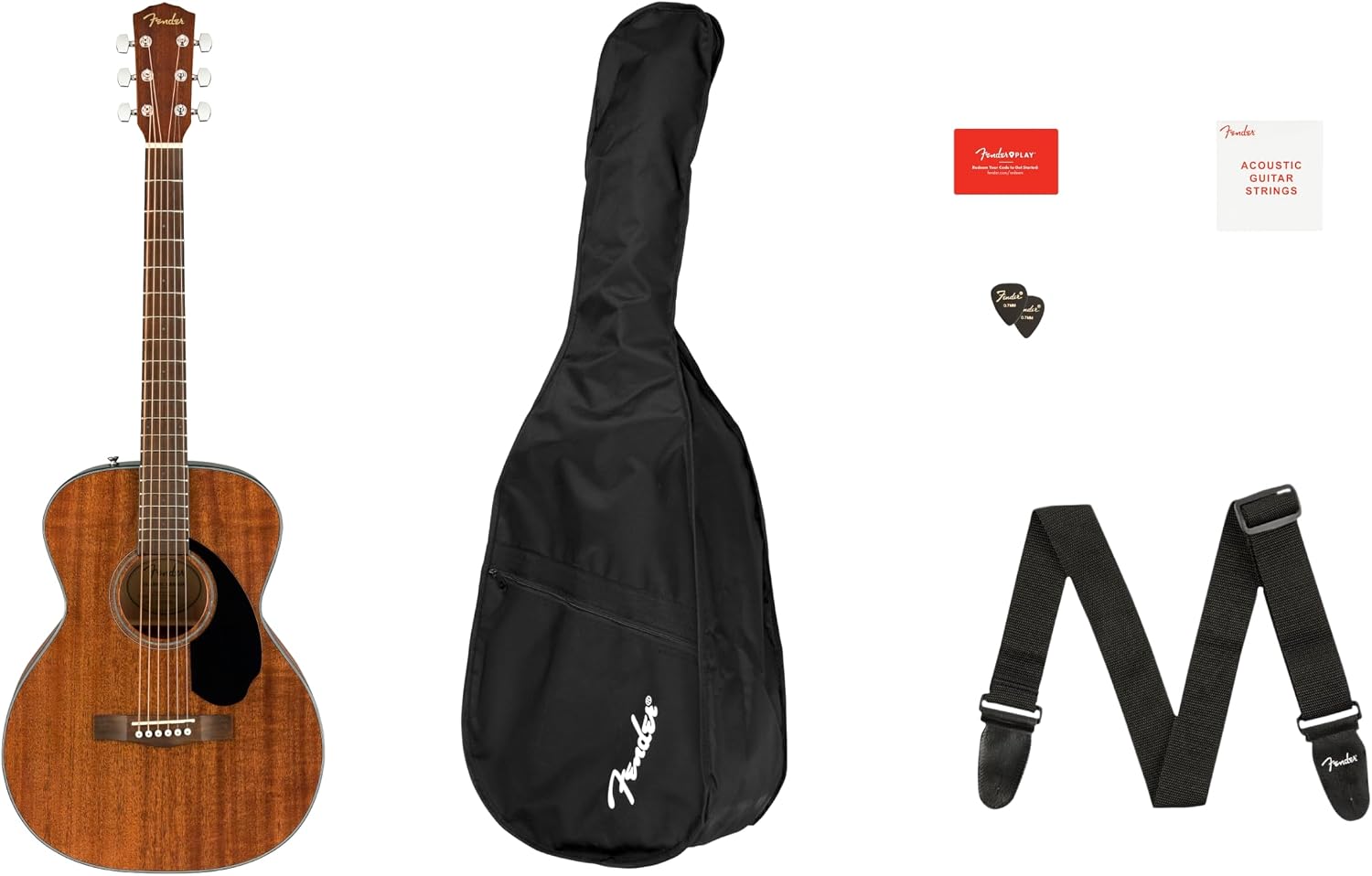 Fender CC-60S All-Mahogany Concert V2 Pack Acoustic Guitar, with 2-Year Warranty, Natural, with Gig Bag and Accessories