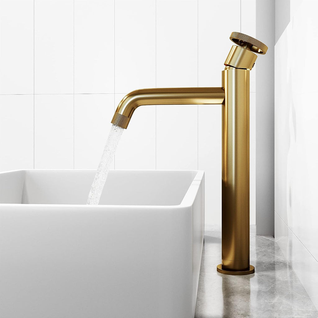 VIGO Cass Single-Handle Single-Hole Mount Vessel Bathroom Sink Faucet, 12-Inch, Matte Brushed Gold, Modern Design, Solid Brass, 1.2 GPM WaterSense & Ceramic Disc Valve, Corrosion-Resistant