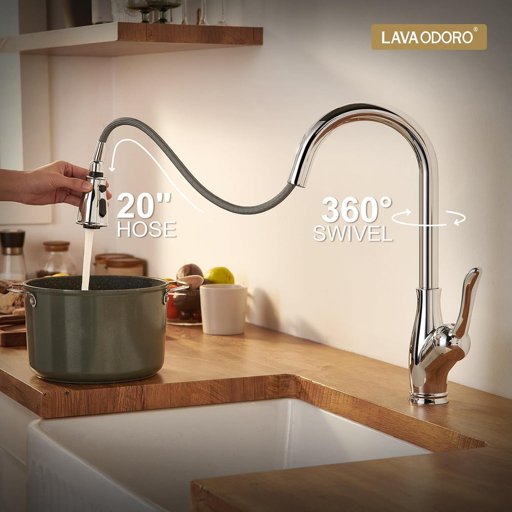 Lava Odoro Kitchen Faucet with Pull Down Sprayer, Chrome Kitchen Sink Faucet with Magnetic Docking Spray 3-Function, Faucet for Kitchen Sink 1 Hole and 3 Hole with Deck Plate, KF271-C