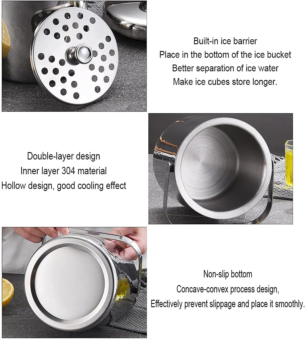 Ice and Wine Bucket,Ice Bucket,Hidden Double Wall Bar Ice Bucket Set 1.3L Stainless Steel Ice Bucket Including Lid,Tongs and Strainer,Drinks Cooler Buckets Great for Home Bar,Party,Chilling Beer,Cha